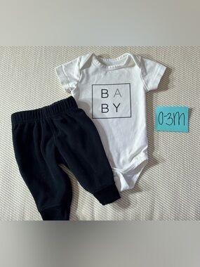 NWOT Infant White BABY Graphic Onesie with Black Pants Set, Size 0-3 Months